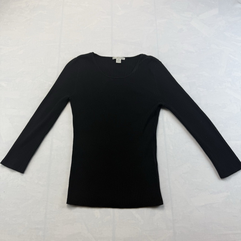 Casual Corner Ribbed Knit Top Womens Large Black Fitted Crop Stretch